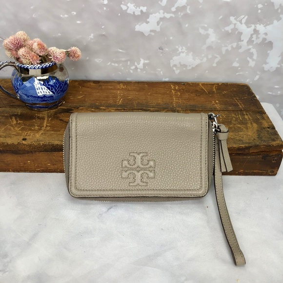 Tory Burch Handbags - Tory Burch Taupe Pebbled Leather Wristlet